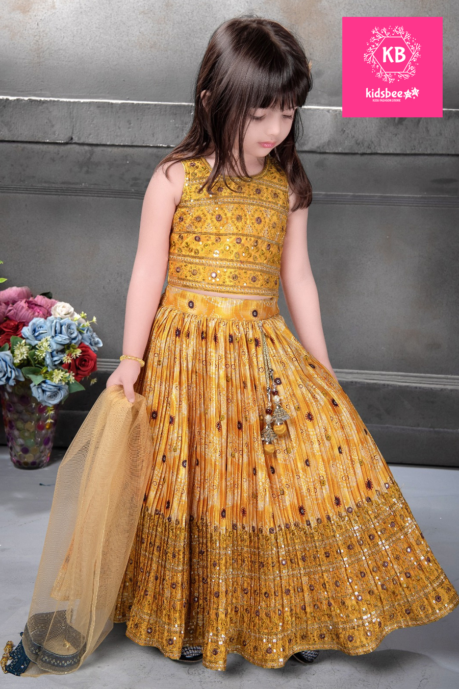 Yellow & Royal Blue Kids Indian Ethnic Layered Lehenga Choli Dress #27784 |  Buy Lehenga Choli For Kids Online